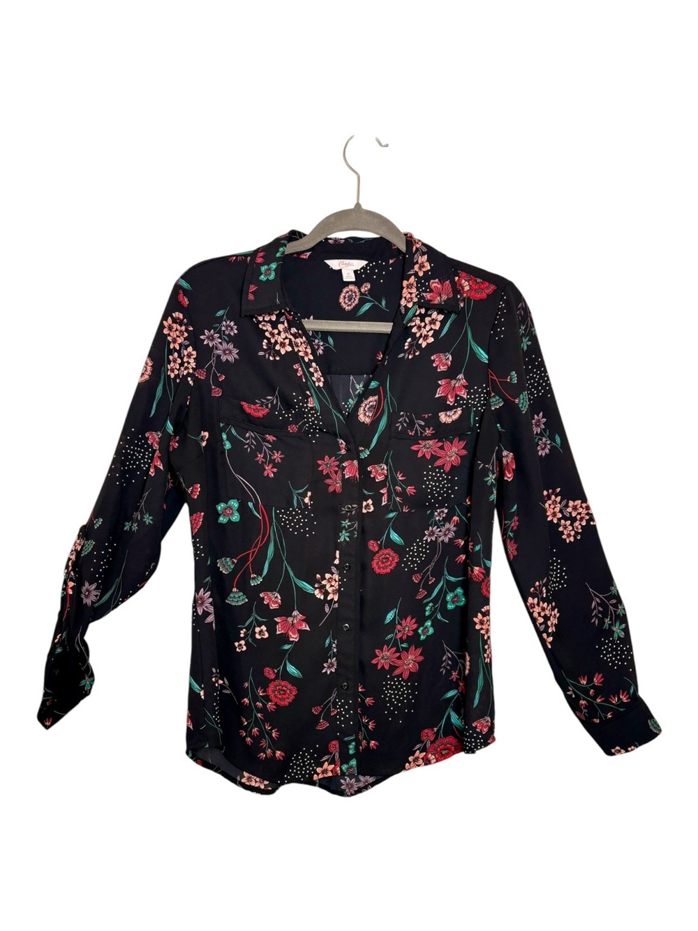 Candie’s Black Floral Button Up Blouse Boho Romantic Indie Medium
